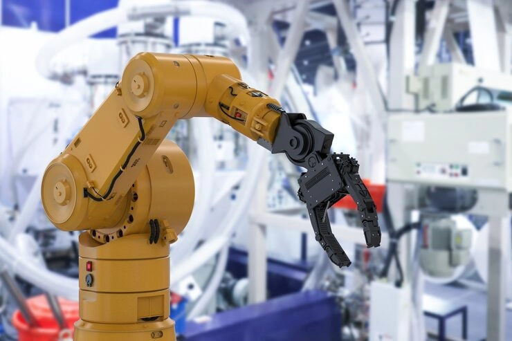 Yellow industrial robotic arm in a factory setting