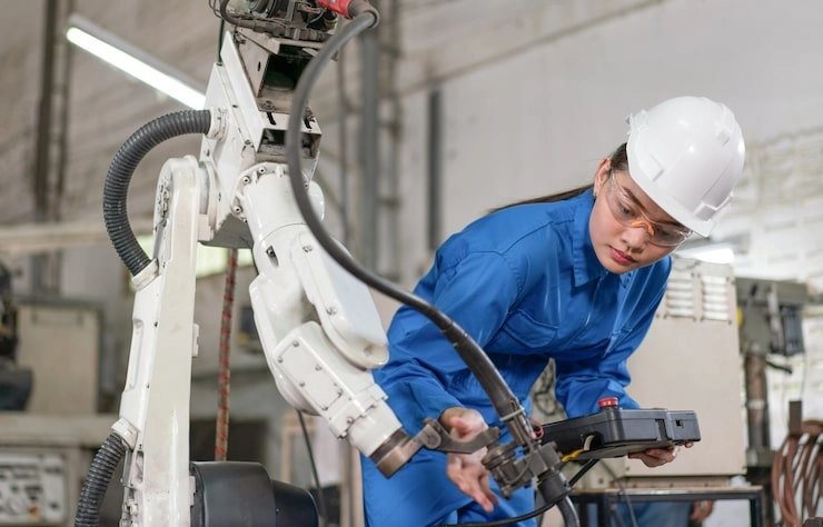 Female worker operating industrial robot in factory